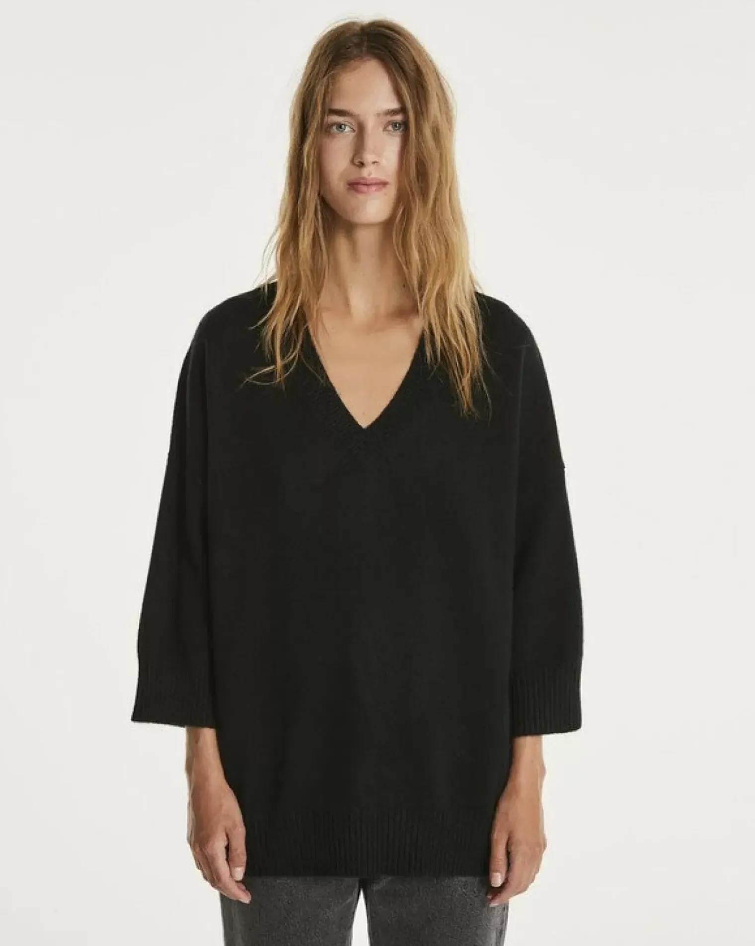 Kujten Sweaters & Sweatshirts>3/4 Sleeve Oversized Cashmere Sweater Noir