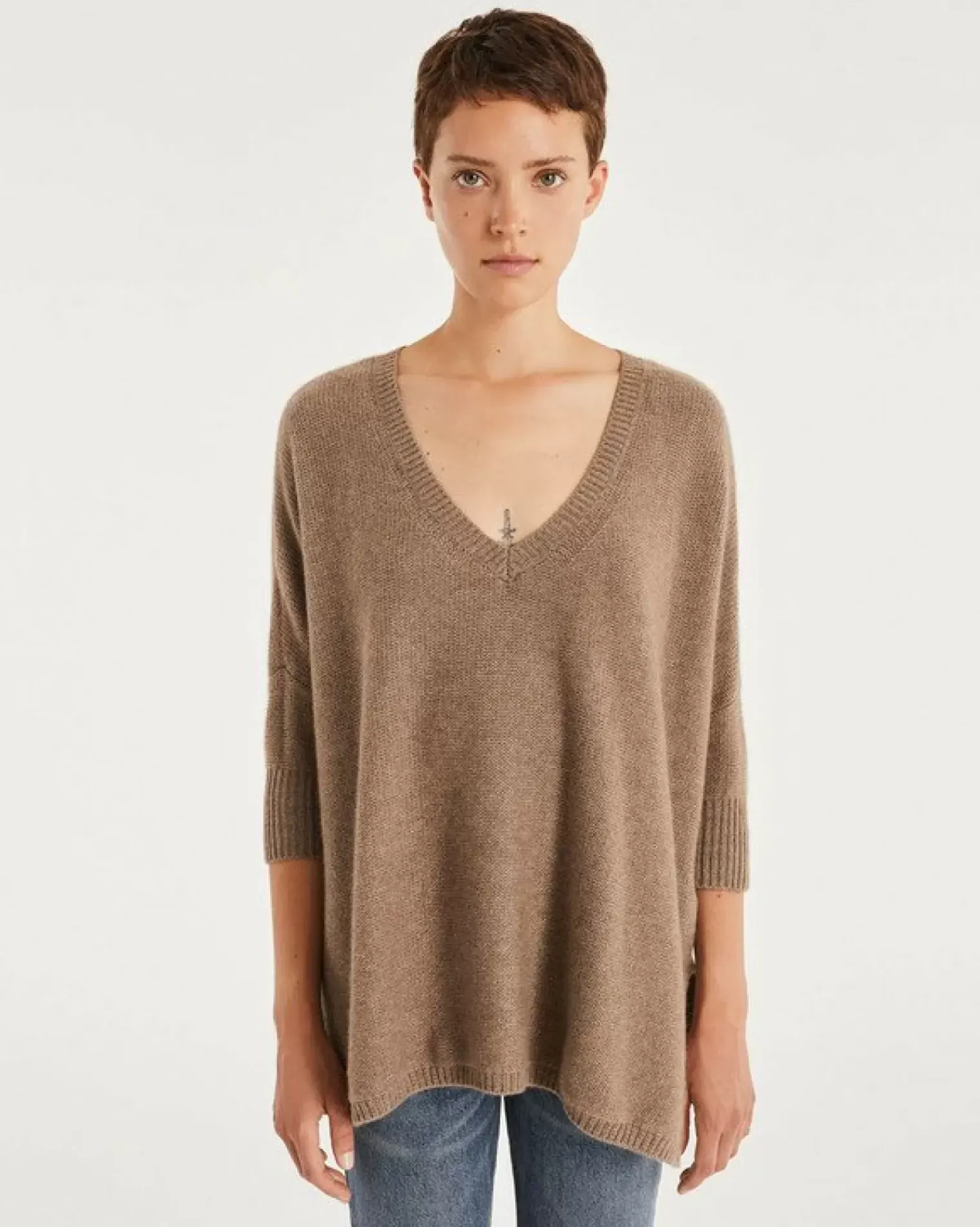 Kujten Sweaters & Sweatshirts>3/4 Sleeves Oversized Cashmere Sweater Beige Taupe