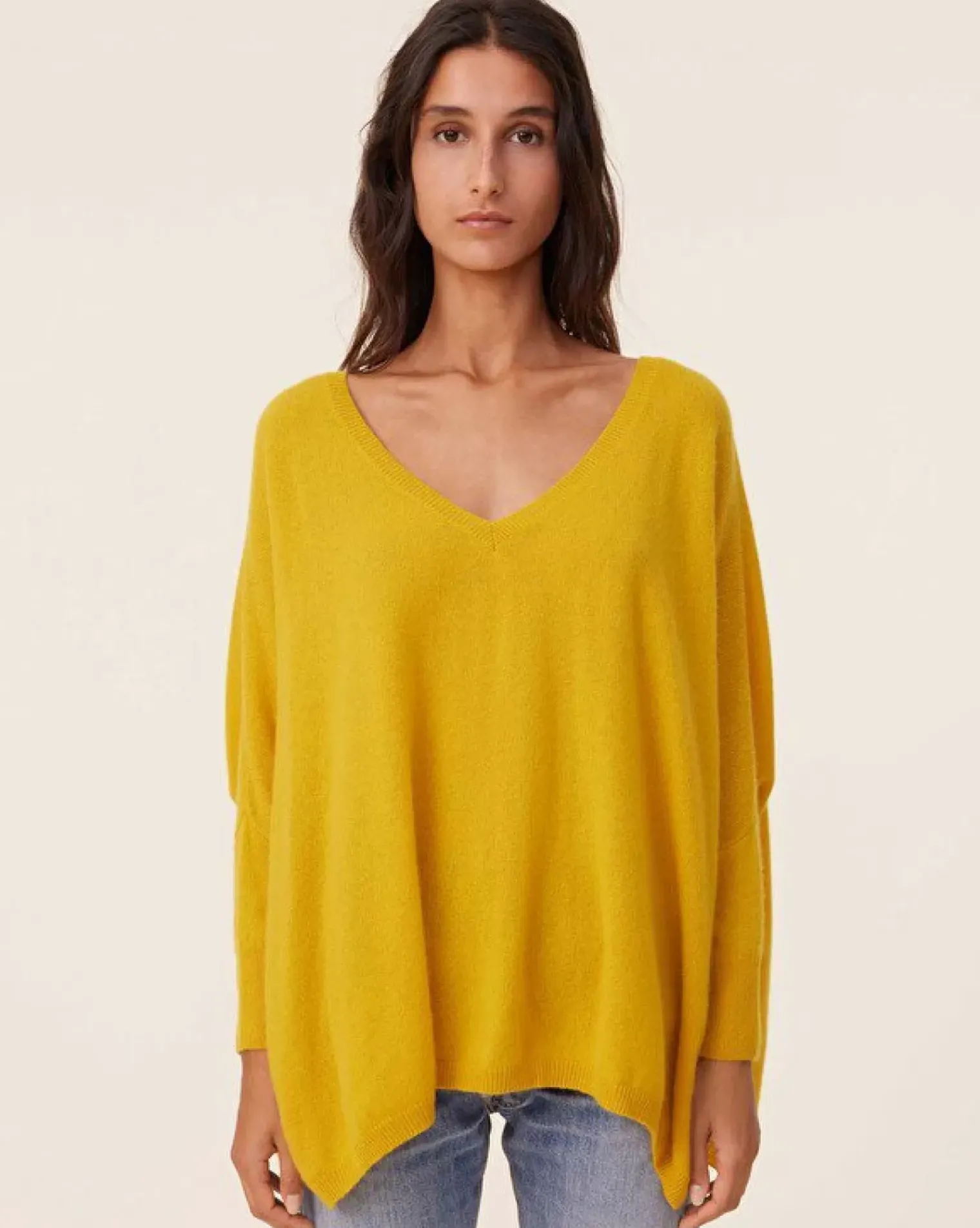 Kujten Sweaters & Sweatshirts>3/4 Sleeves V-Neck Cashmere Sweater, 2-Threads Jaune Safran