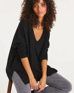 Kujten Sweaters & Sweatshirts>3/4 Sleeves V-Neck Cashmere Sweater, 2-Threads Noir