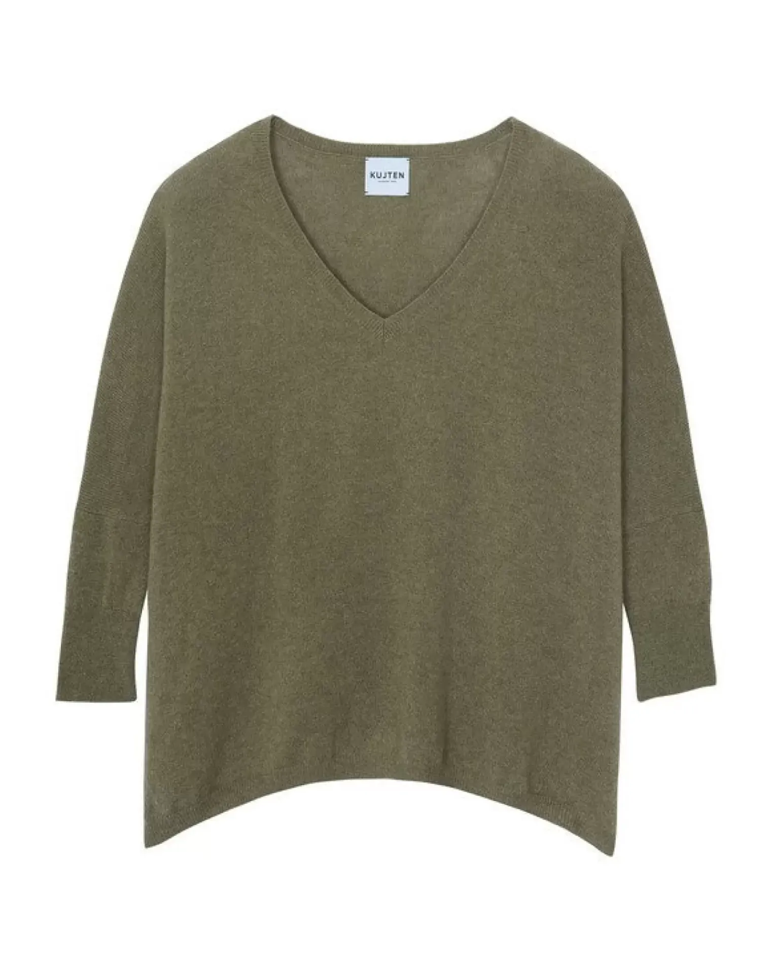 Kujten Sweaters & Sweatshirts>3/4 Sleeves V-Neck Cashmere Sweater, 2-Threads Kaki Chine
