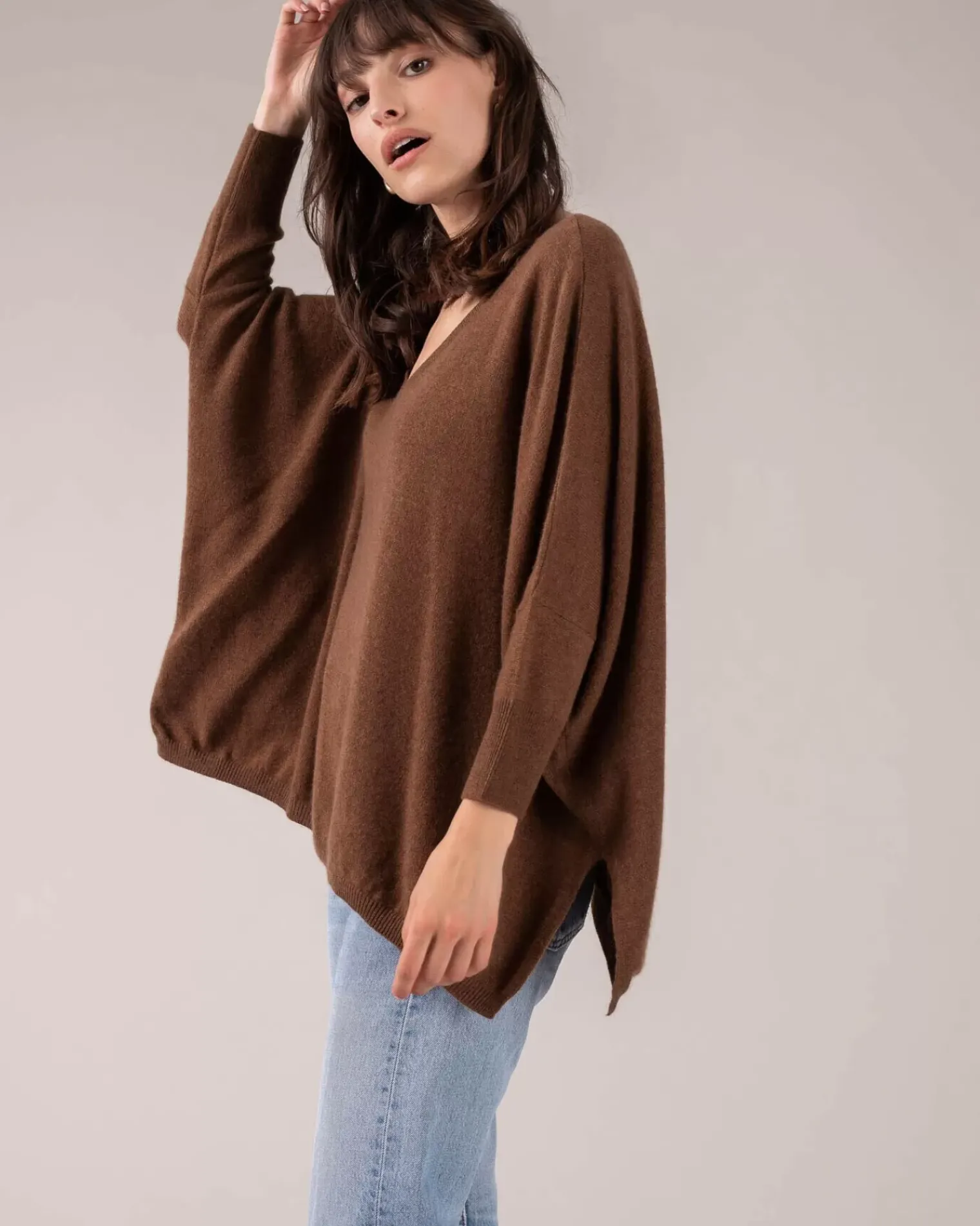 Kujten Sweaters & Sweatshirts>3/4 Sleeves V-Neck Cashmere Sweater Marron Epice