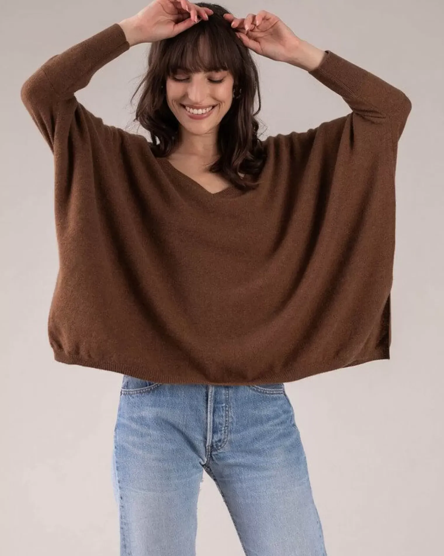 Kujten Sweaters & Sweatshirts>3/4 Sleeves V-Neck Cashmere Sweater Marron Epice