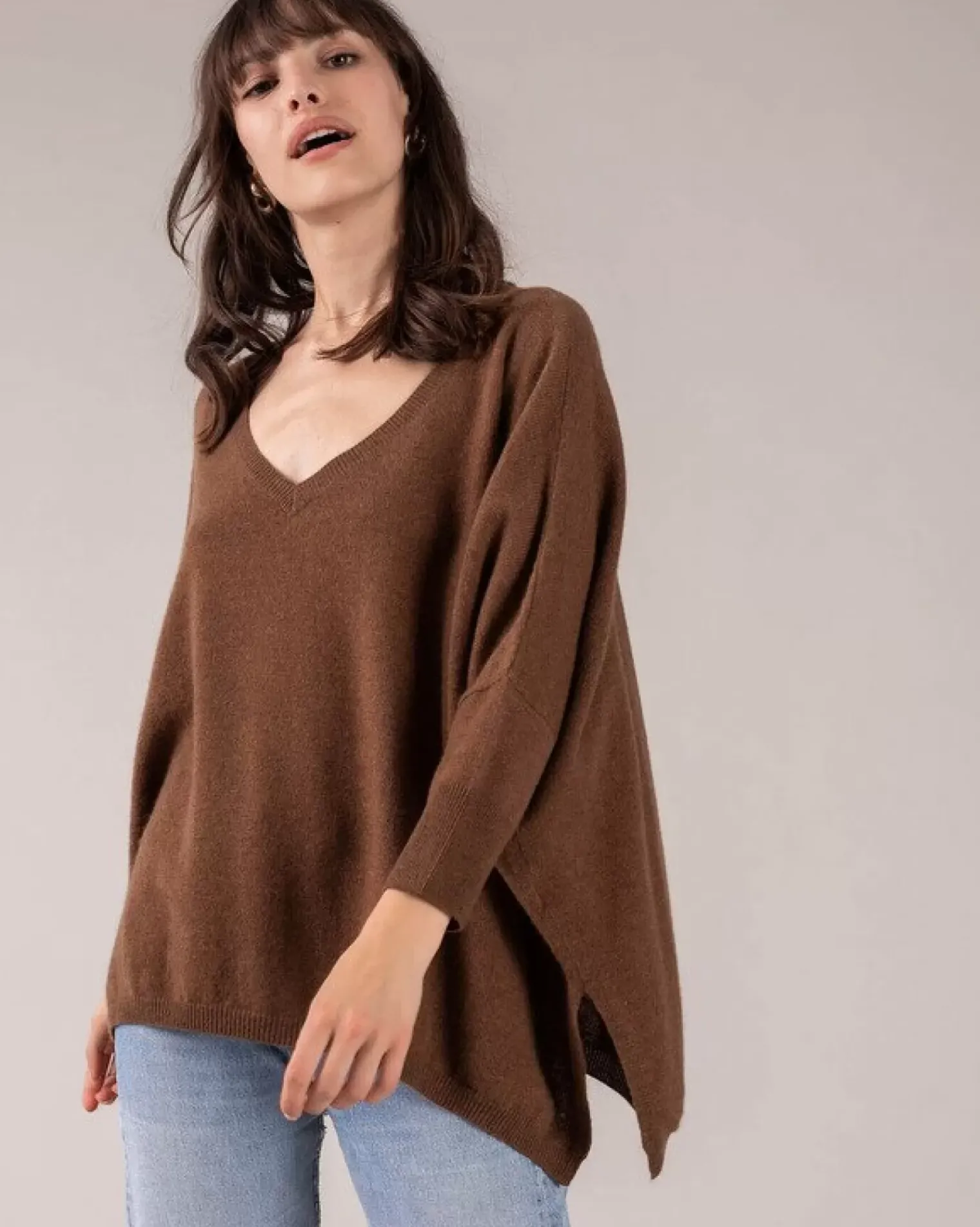 Kujten Sweaters & Sweatshirts>3/4 Sleeves V-Neck Cashmere Sweater Marron Epice