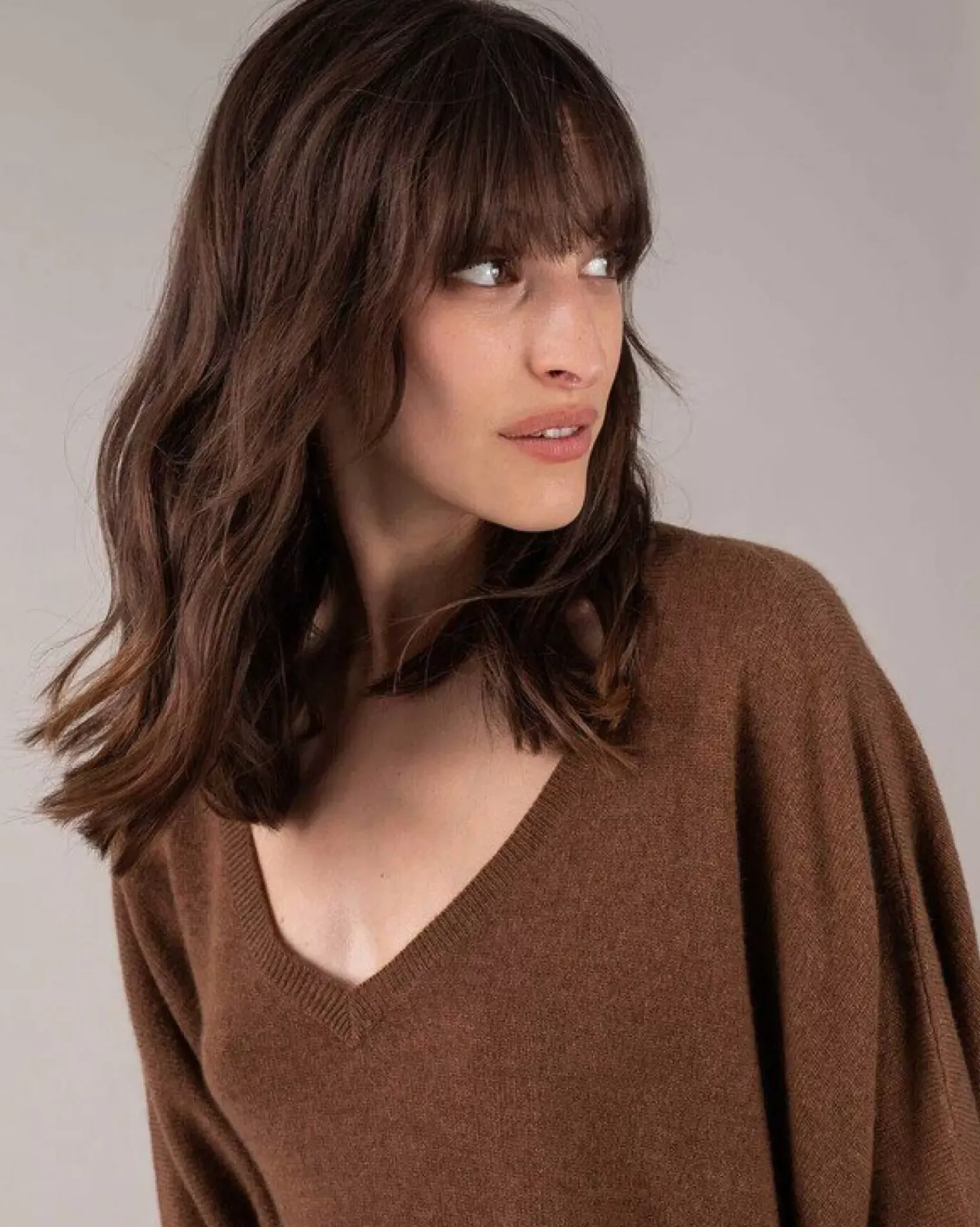 Kujten Sweaters & Sweatshirts>3/4 Sleeves V-Neck Cashmere Sweater Marron Epice