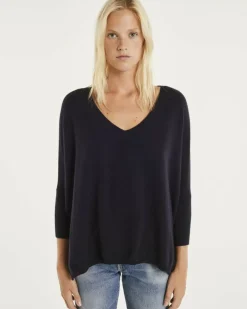 Kujten Sweaters & Sweatshirts>3/4 Sleeves V-Neck Cashmere Sweater Bleu Marine Fonce