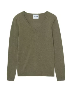Kujten Sweaters & Sweatshirts>Basic Long Sleeves Cashmere Sweater, 2-Threads Kaki Chine