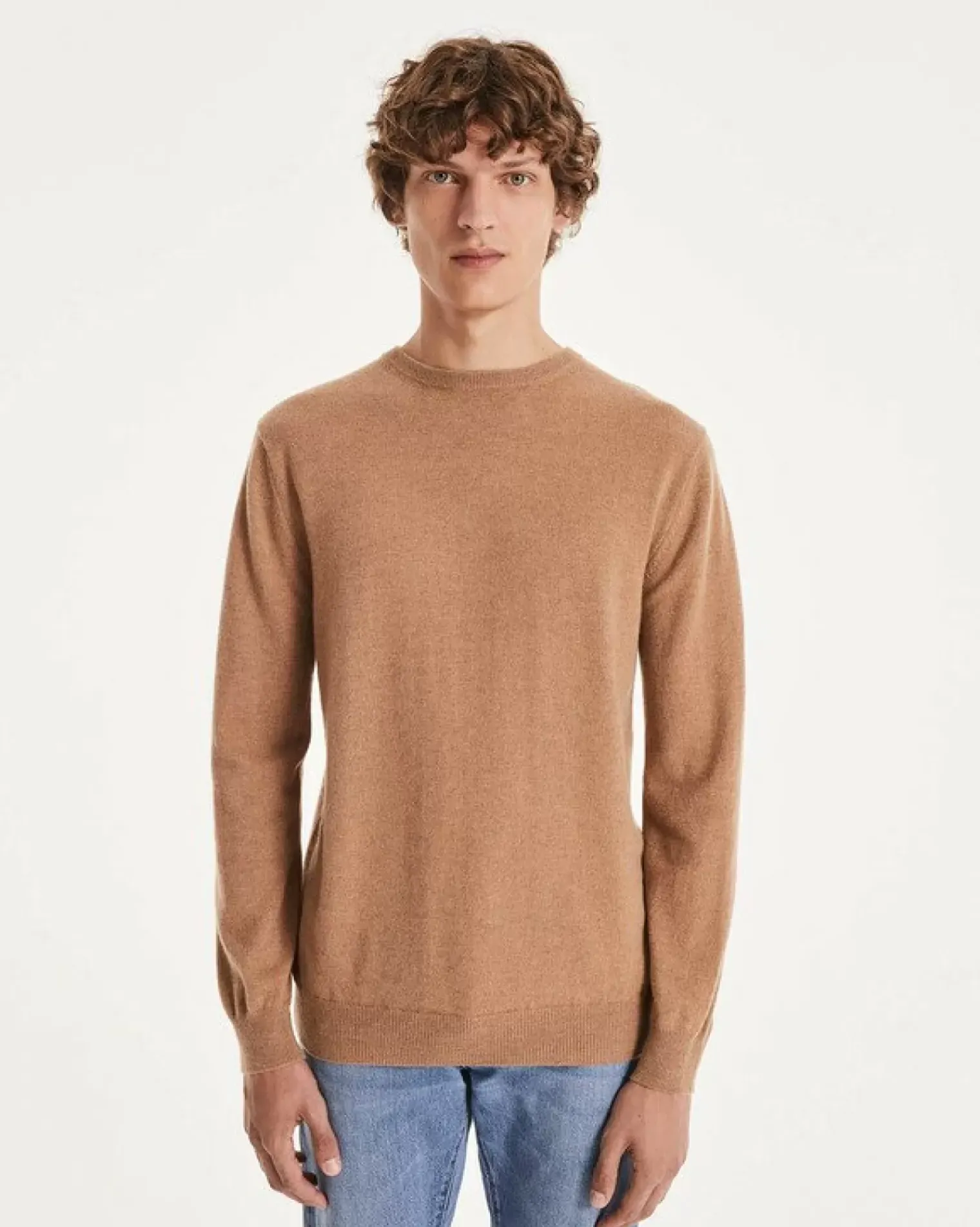 Kujten Sweaters & Sweatshirts>Basic Long Sleeves Cashmere Sweater, 2-Threads Camelo