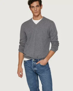 Kujten Sweaters & Sweatshirts>Basic Man V-Neck Cashmere Sweater, 2-Threads Gris Flanelle