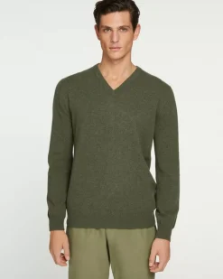 Kujten Sweaters & Sweatshirts>Basic Man V-Neck Cashmere Sweater Kaki Fonce