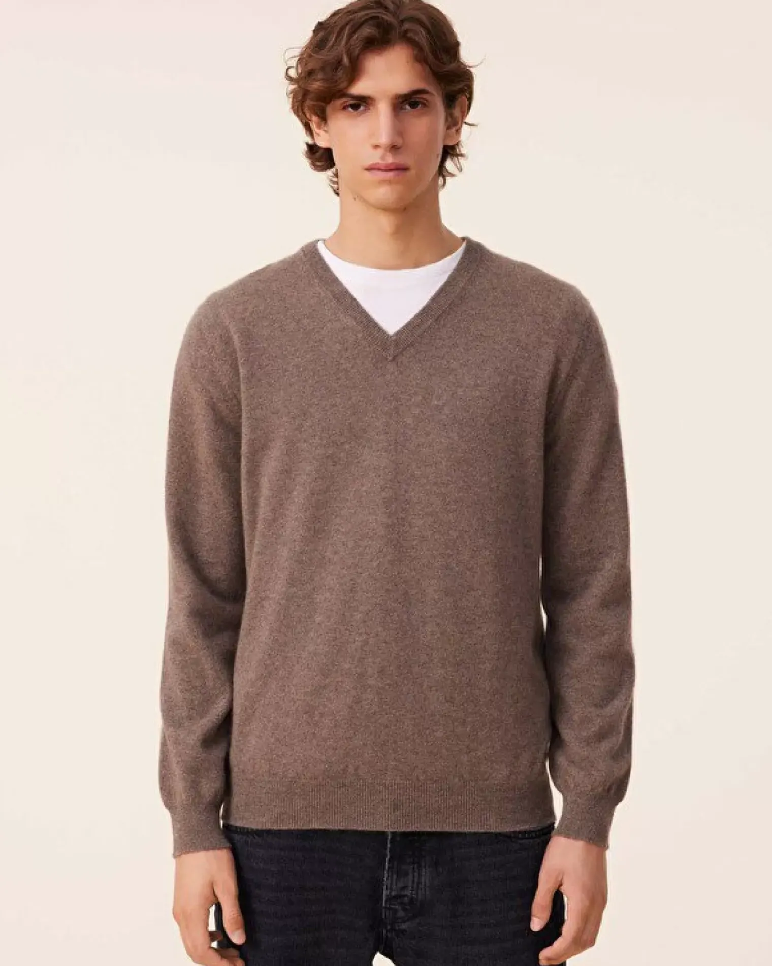Kujten Sweaters & Sweatshirts>Basic Men V-Neck Cashmere Sweater, 2-Threads Taupe Mouline