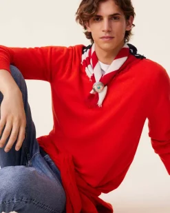 Kujten Sweaters & Sweatshirts>Basic Men V-Neck Cashmere Sweater, 2-Threads Orange Rosso