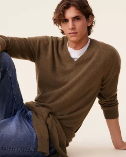 Kujten Sweaters & Sweatshirts>Basic Men V-Neck Cashmere Sweater, 2-Threads Kaki Scout