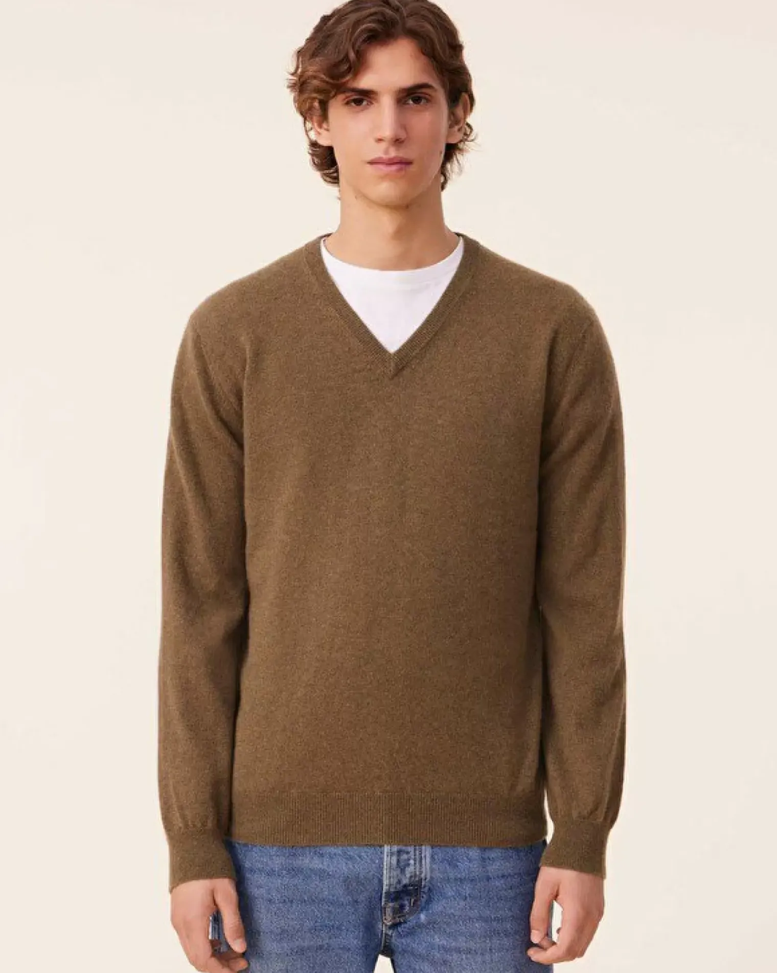 Kujten Sweaters & Sweatshirts>Basic Men V-Neck Cashmere Sweater, 2-Threads Kaki Scout