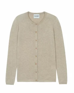 Kujten Jackets & Vests>Basic Round Neck Woman Cashmere Cardigan Beige Chine