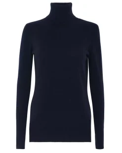 Kujten Sweaters & Sweatshirts>Basic Turtleneck 100% Cashmere Sweater, 2-Threads Bleu Marine Fonce
