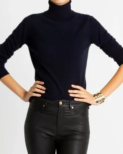 Kujten Sweaters & Sweatshirts>Basic Turtleneck 100% Cashmere Sweater, 2-Threads Bleu Marine Fonce