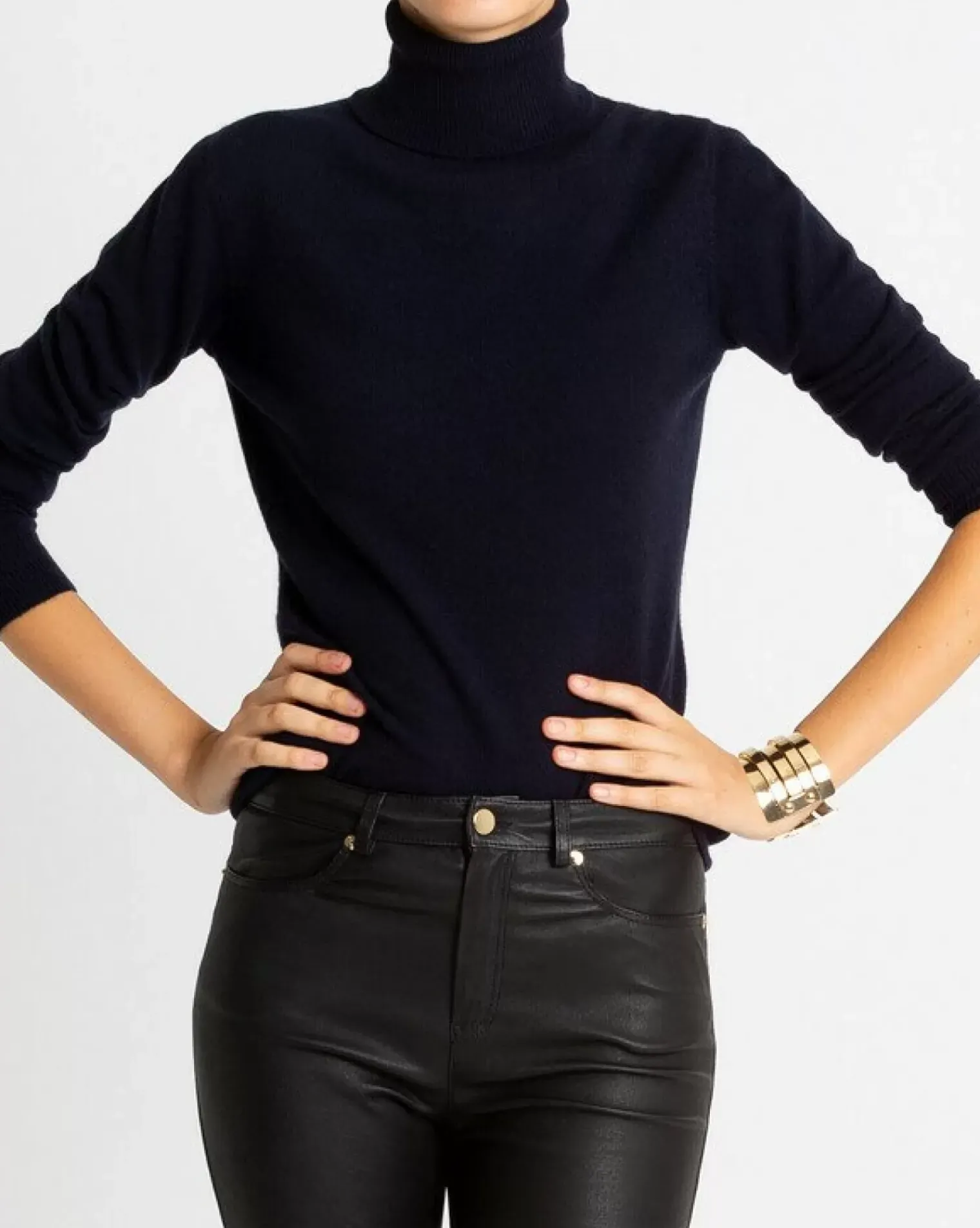 Kujten Sweaters & Sweatshirts>Basic Turtleneck 100% Cashmere Sweater, 2-Threads Bleu Marine Fonce