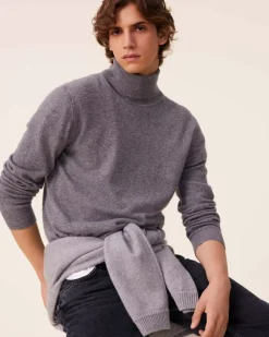 Kujten Sweaters & Sweatshirts>Basic Turtleneck Man Cashmere Sweater, 2-Threads Gris Flanelle