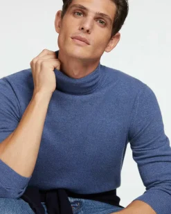 Kujten Sweaters & Sweatshirts>Basic Turtleneck Man Cashmere Sweater Bleu Denim