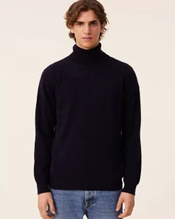 Kujten Sweaters & Sweatshirts>Basic Turtleneck Man Cashmere Sweater, 2-Threads Bleu Marine Fonce