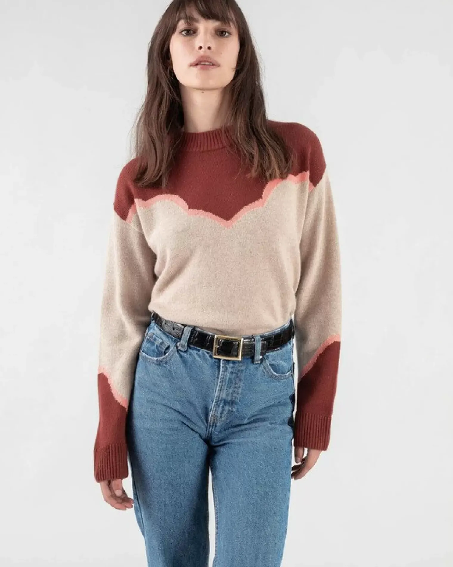 Kujten Sweaters & Sweatshirts>Bicolored Round Neck Cashmere Sweater Bordeaux Sienne