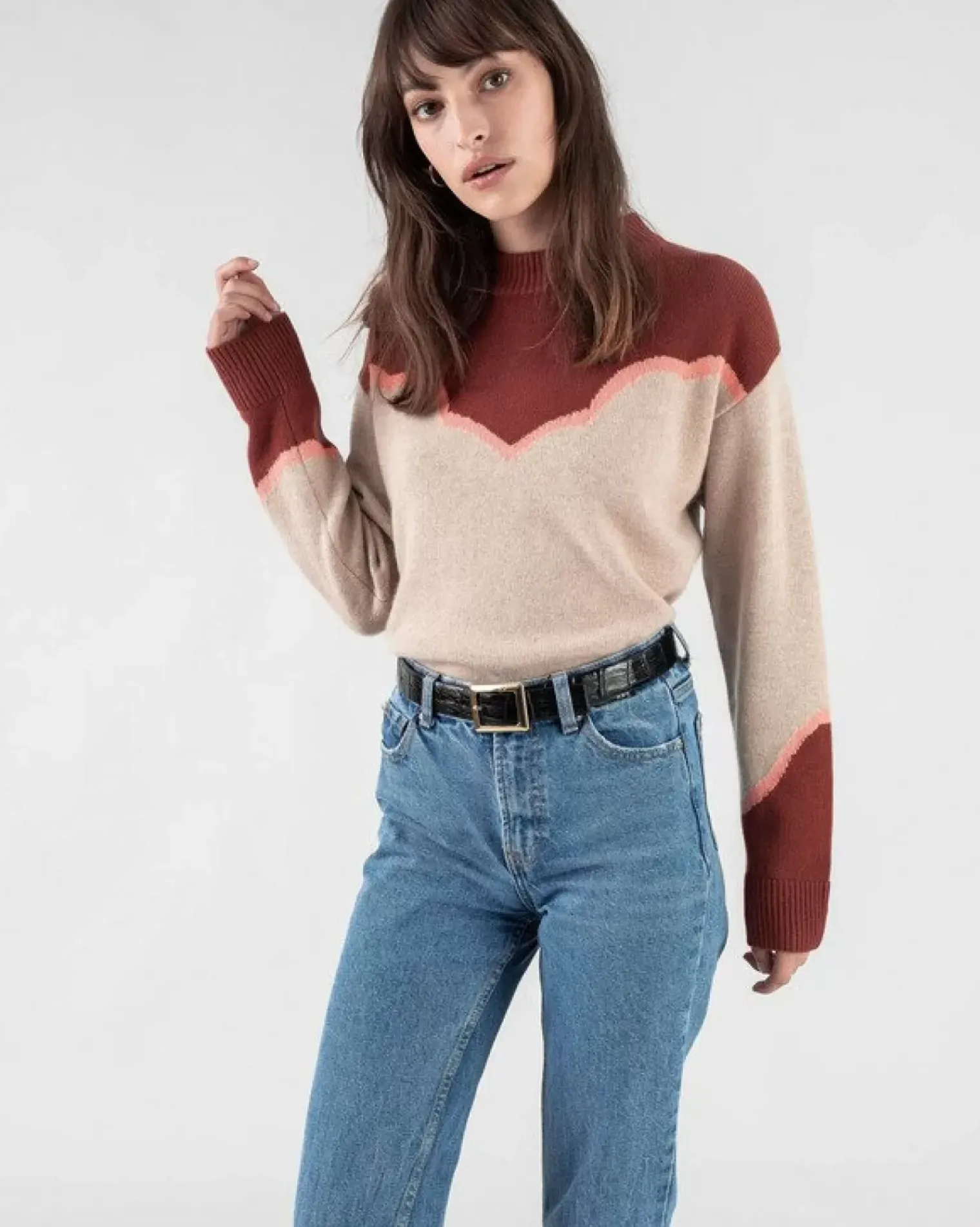 Kujten Sweaters & Sweatshirts>Bicolored Round Neck Cashmere Sweater Bordeaux Sienne