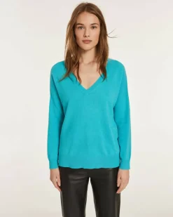 Kujten Sweaters & Sweatshirts>Boyfriend Woman V-Neck Cashmere Sweater Bleu Turquoise