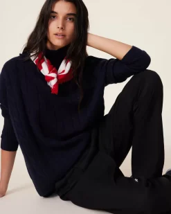 Kujten Sweaters & Sweatshirts>Buttons Chimney Neck Cashmere Sweater, 4-Threads Bleu Marine Fonce