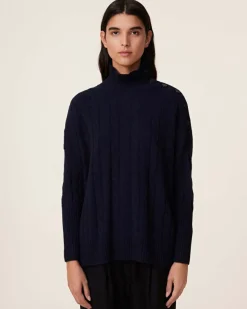Kujten Sweaters & Sweatshirts>Buttons Chimney Neck Cashmere Sweater, 4-Threads Bleu Marine Fonce