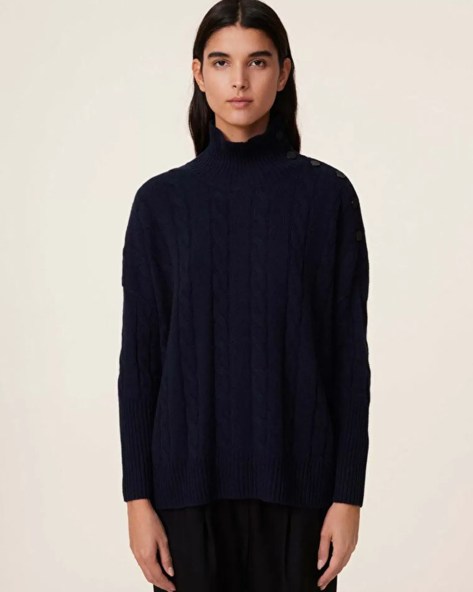 Kujten Sweaters & Sweatshirts>Buttons Chimney Neck Cashmere Sweater, 4-Threads Bleu Marine Fonce