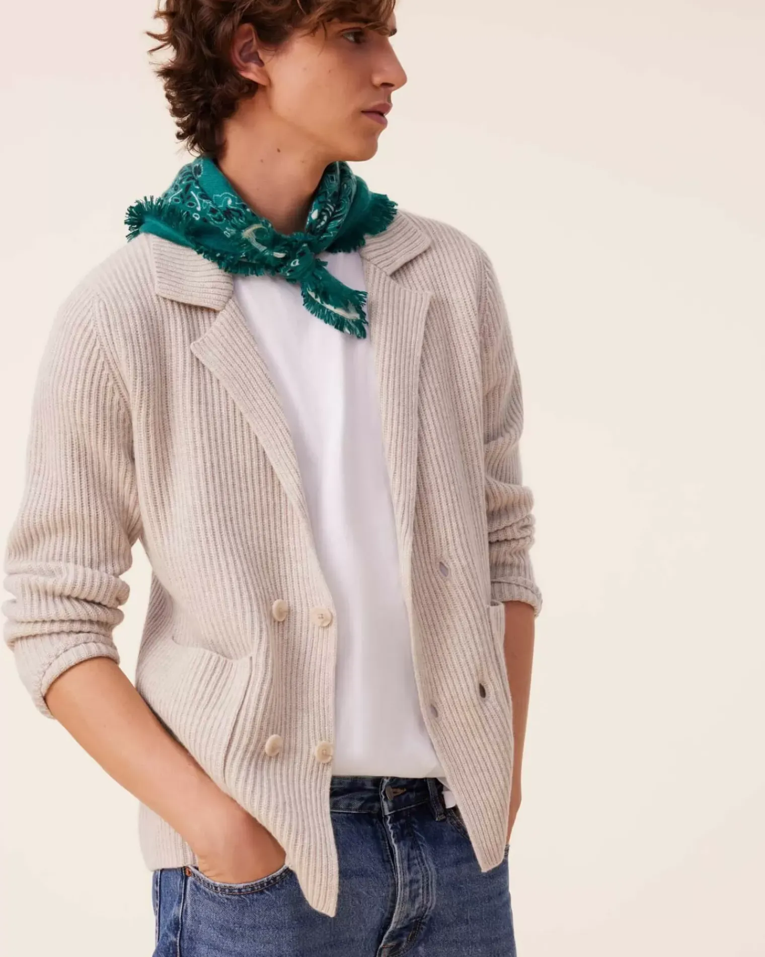 Kujten Jackets & Vests>Cardigan Stitch Cashmere Blazer Jacket, 6-Threads Avoine