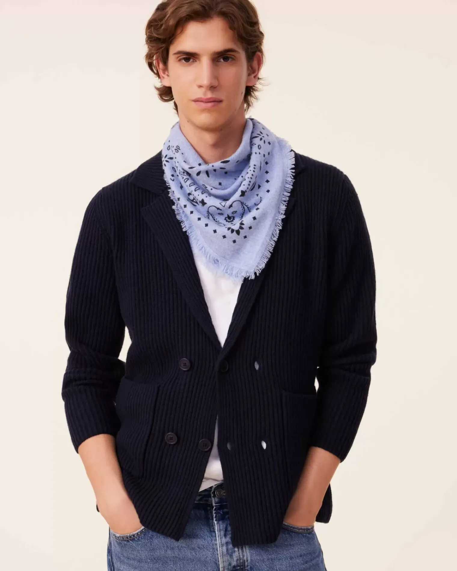 Kujten Jackets & Vests>Cardigan Stitch Cashmere Blazer Jacket, 6-Threads Bleu Marine Fonce