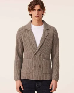 Kujten Jackets & Vests>Cardigan Stitch Cashmere Blazer Jacket, 6-Threads Kaki Chine