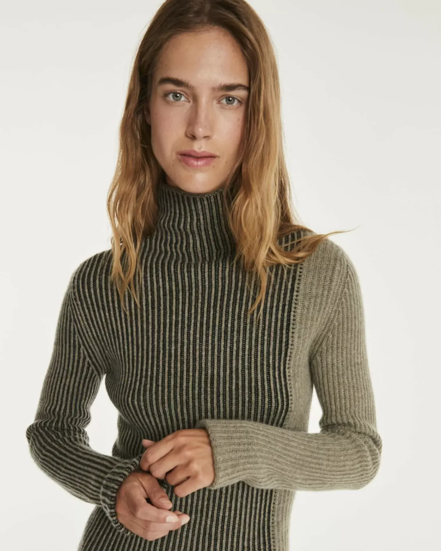 Kujten Dresses & Skirts>Cashmere Dress Women Long Turtleneck Kaki Chine