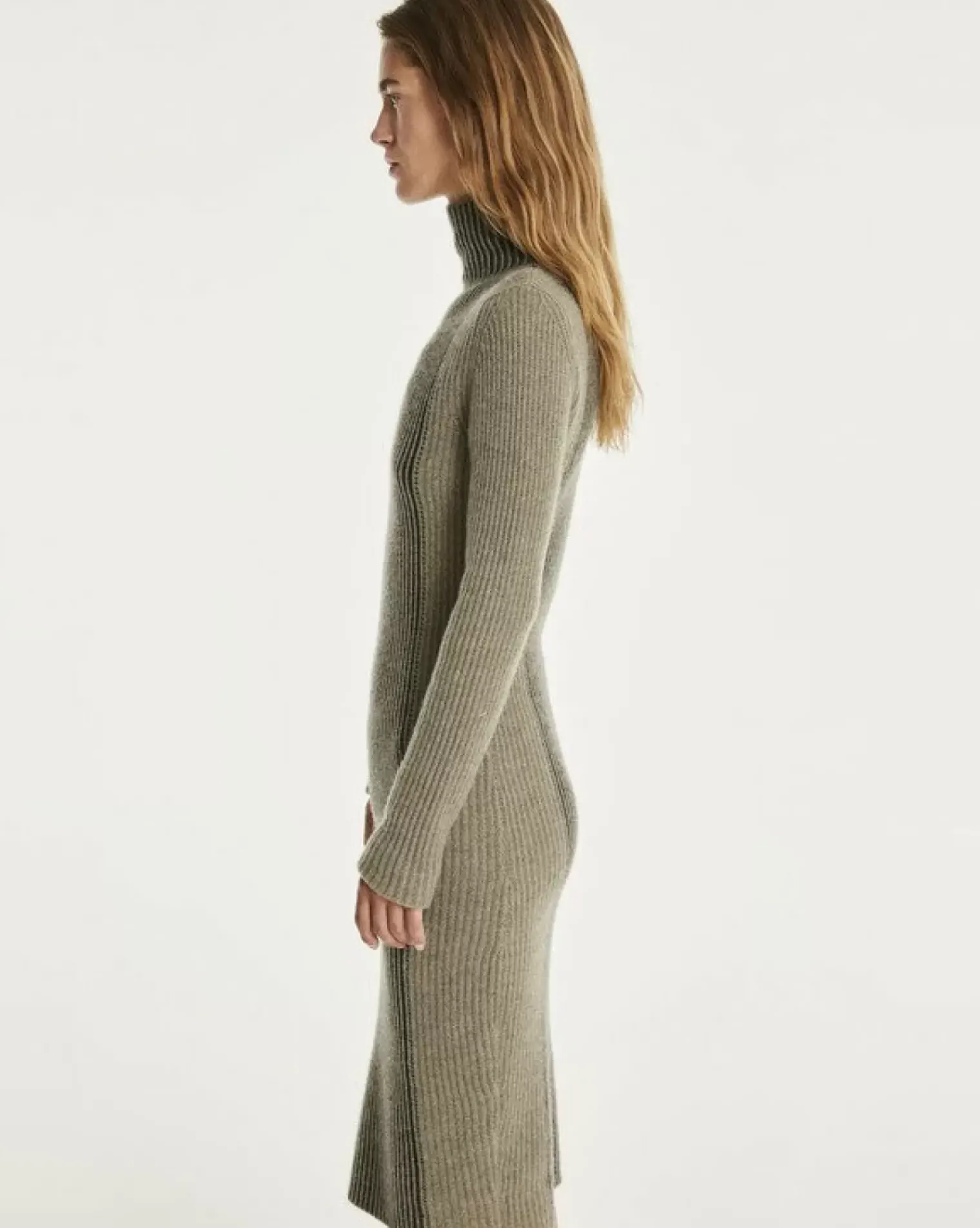 Kujten Dresses & Skirts>Cashmere Dress Women Long Turtleneck Kaki Chine