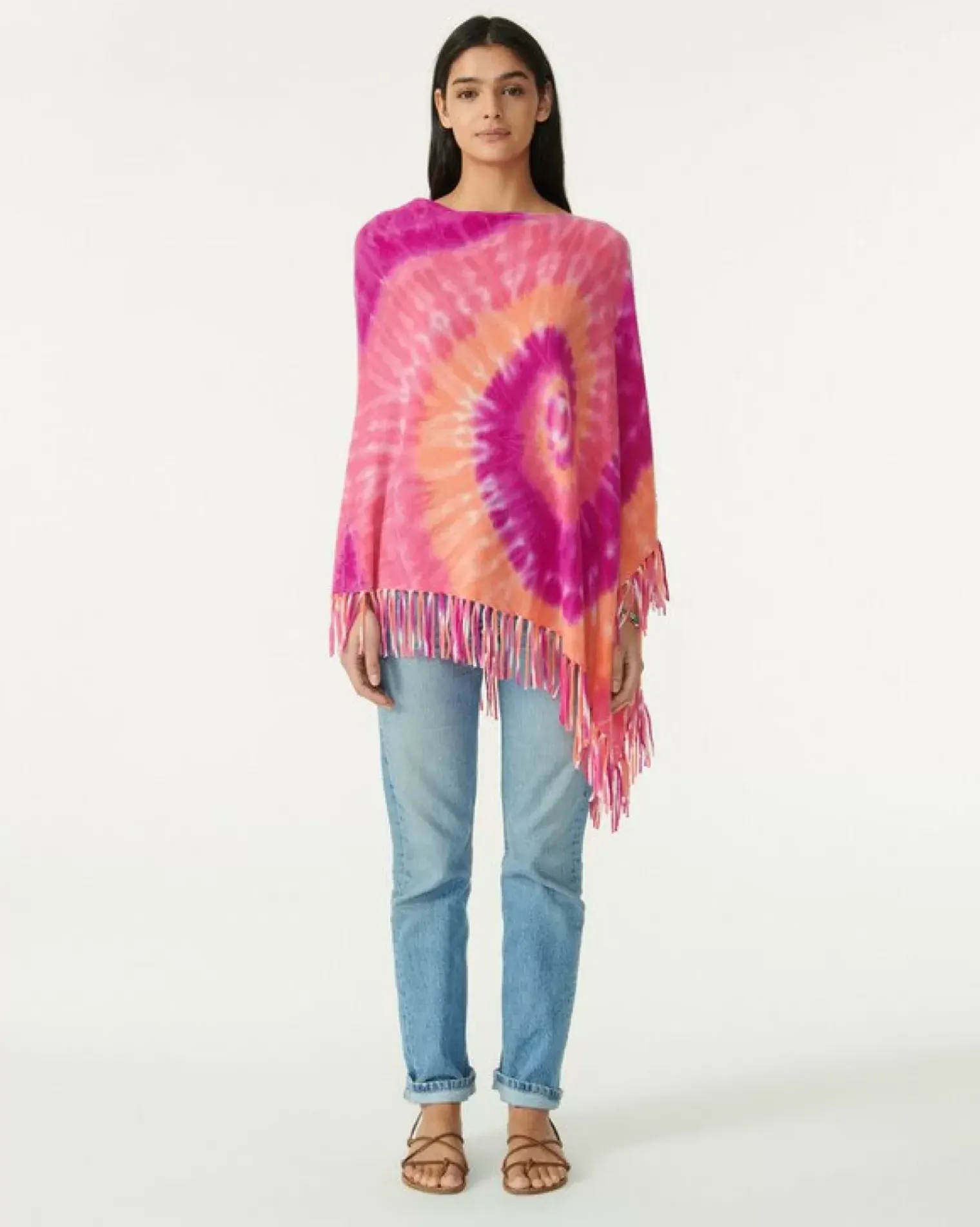 Kujten Capes & Ponchos>Cashmere Fringed Poncho Rose Neon