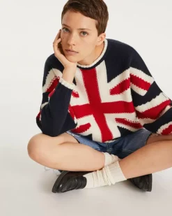 Kujten Sweaters & Sweatshirts>Cashmere Short Round Neck Uk Flag Sweater Bleu Marine Fonce