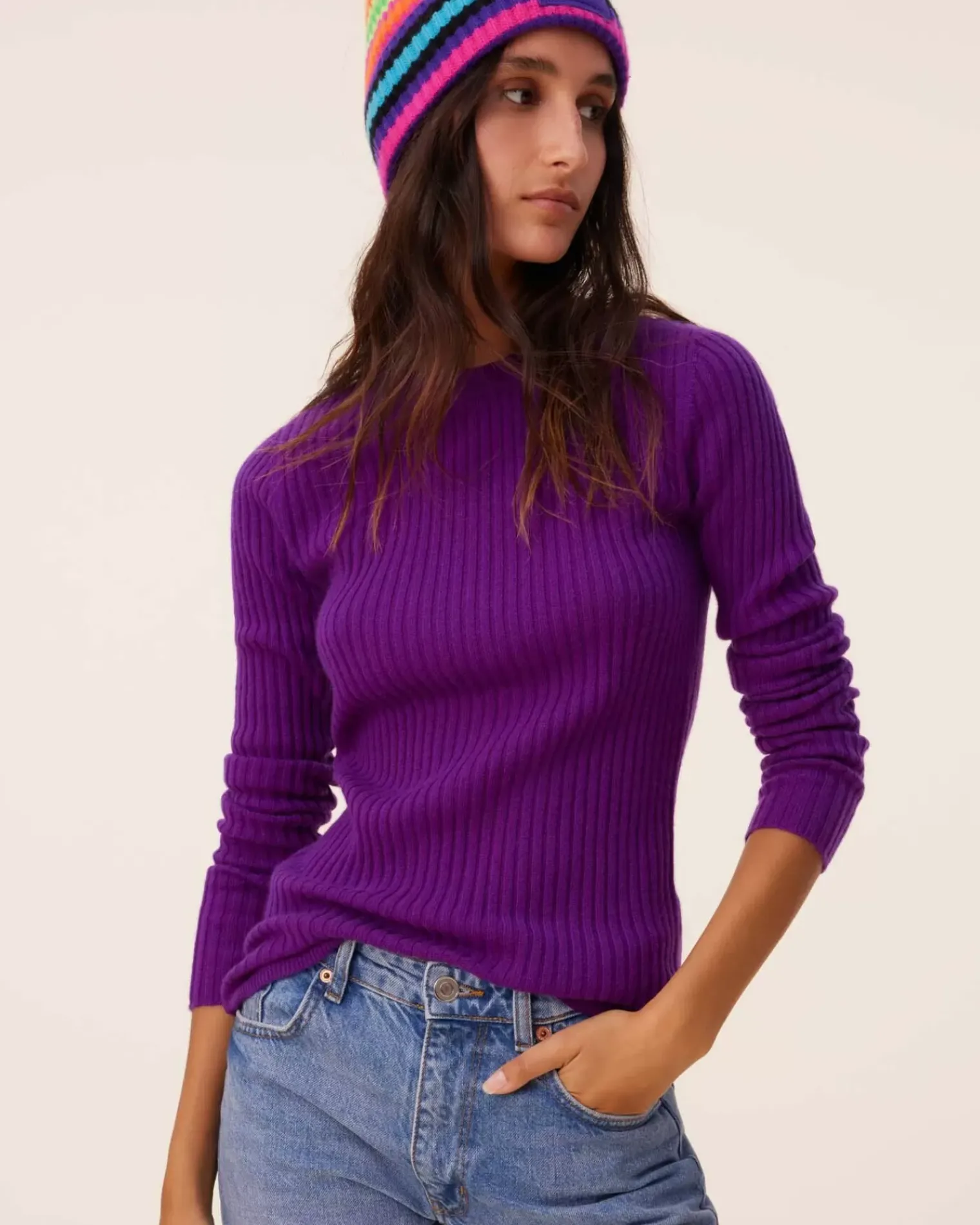 Kujten Sweaters & Sweatshirts>Cashmere Sweater Round Neck Long Sleeves, 2-Threads Deep Purple