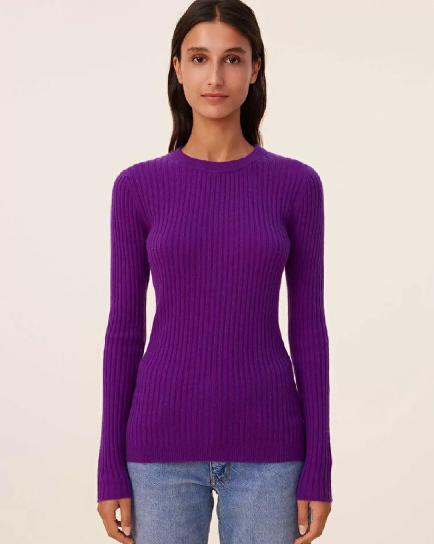 Kujten Sweaters & Sweatshirts>Cashmere Sweater Round Neck Long Sleeves, 2-Threads Deep Purple