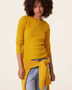 Kujten Sweaters & Sweatshirts>Cashmere Sweater Round Neck Long Sleeves, 2-Threads Jaune Safran