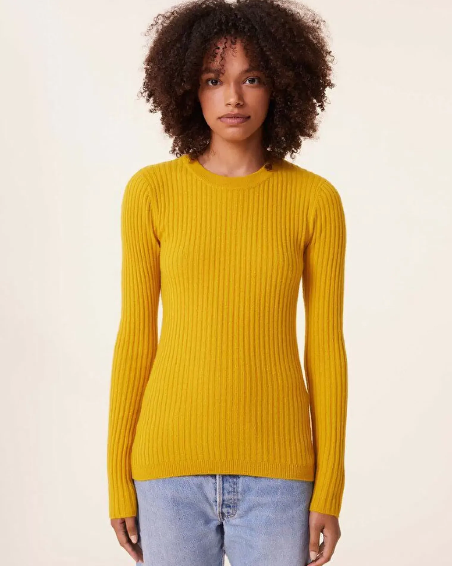 Kujten Sweaters & Sweatshirts>Cashmere Sweater Round Neck Long Sleeves, 2-Threads Jaune Safran