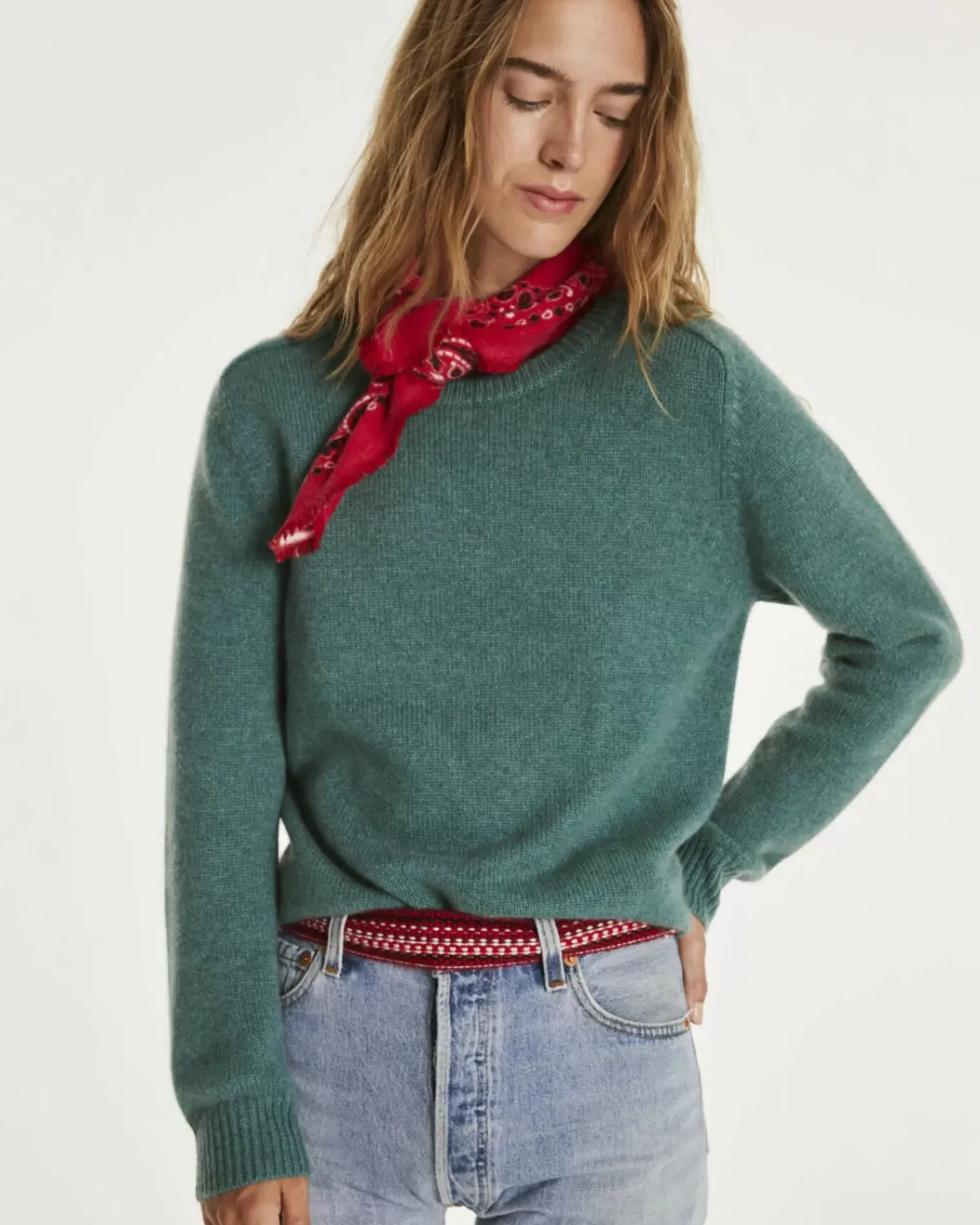 Kujten Sweaters & Sweatshirts>Cashmere Sweater Round Neck Long Sleeves Vert Chine