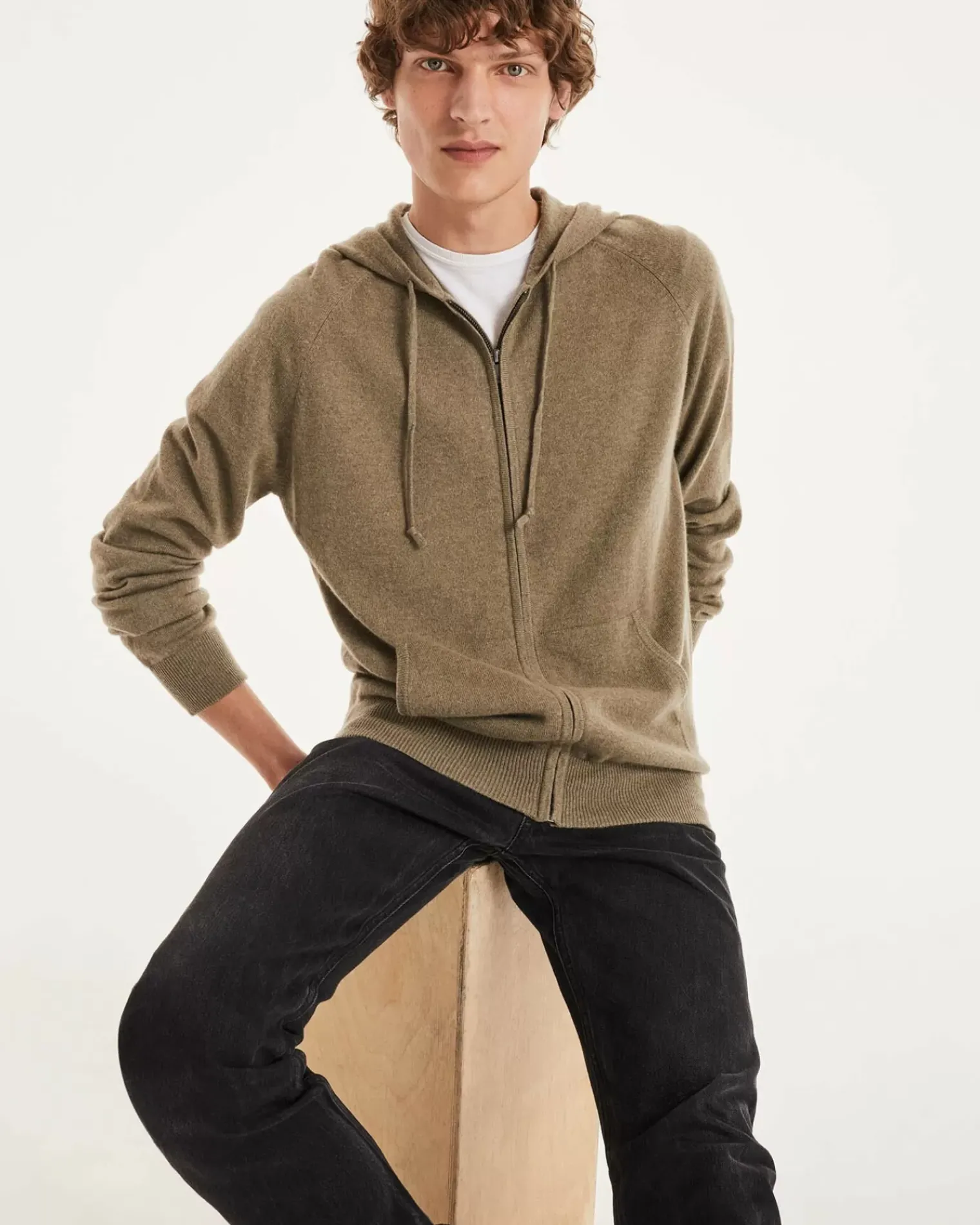 Kujten Hoodies>Cashmere Zipped Hooded Jacket Kaki Chine