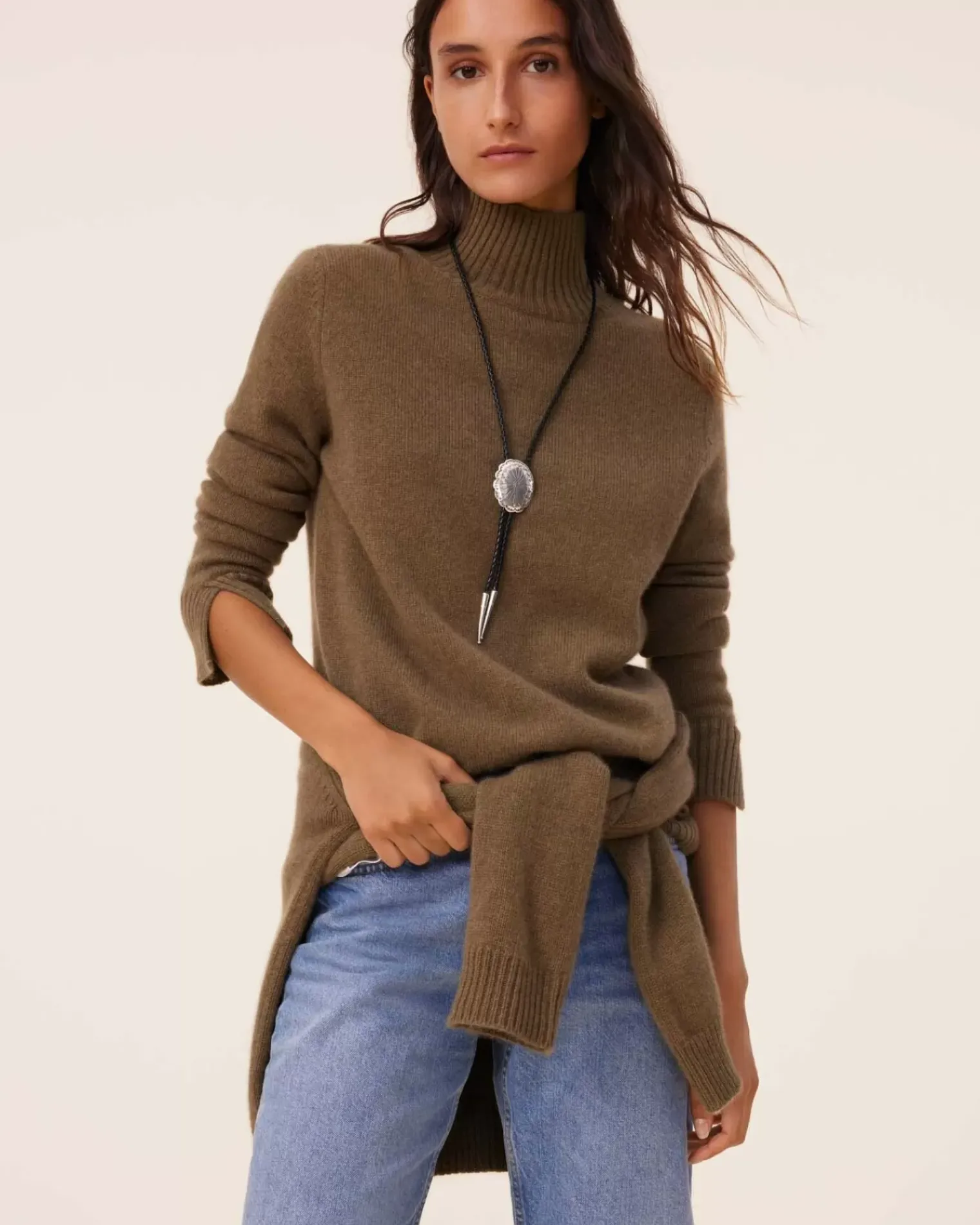 Kujten Sweaters & Sweatshirts>Chimney Neck Cashmere Sweater, 4-Threads Kaki Scout