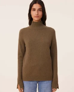 Kujten Sweaters & Sweatshirts>Chimney Neck Cashmere Sweater, 4-Threads Kaki Scout