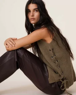 Kujten Sweaters & Sweatshirts>Chimney Neck Cashmere Vest, 6-Threads Kaki Scout