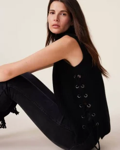 Kujten Sweaters & Sweatshirts>Chimney Neck Cashmere Vest, 6-Threads Noir
