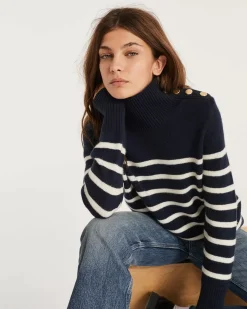 Kujten Sweaters & Sweatshirts>Chimney Neck Mariniere Cashmere Sweater, 6-Threads Bleu Marine Fonce