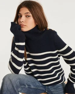 Kujten Sweaters & Sweatshirts>Chimney Neck Mariniere Cashmere Sweater, 6-Threads Bleu Marine Fonce